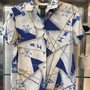 Ralph Lauren Vintage Blue and White Nautical Silk Blouse